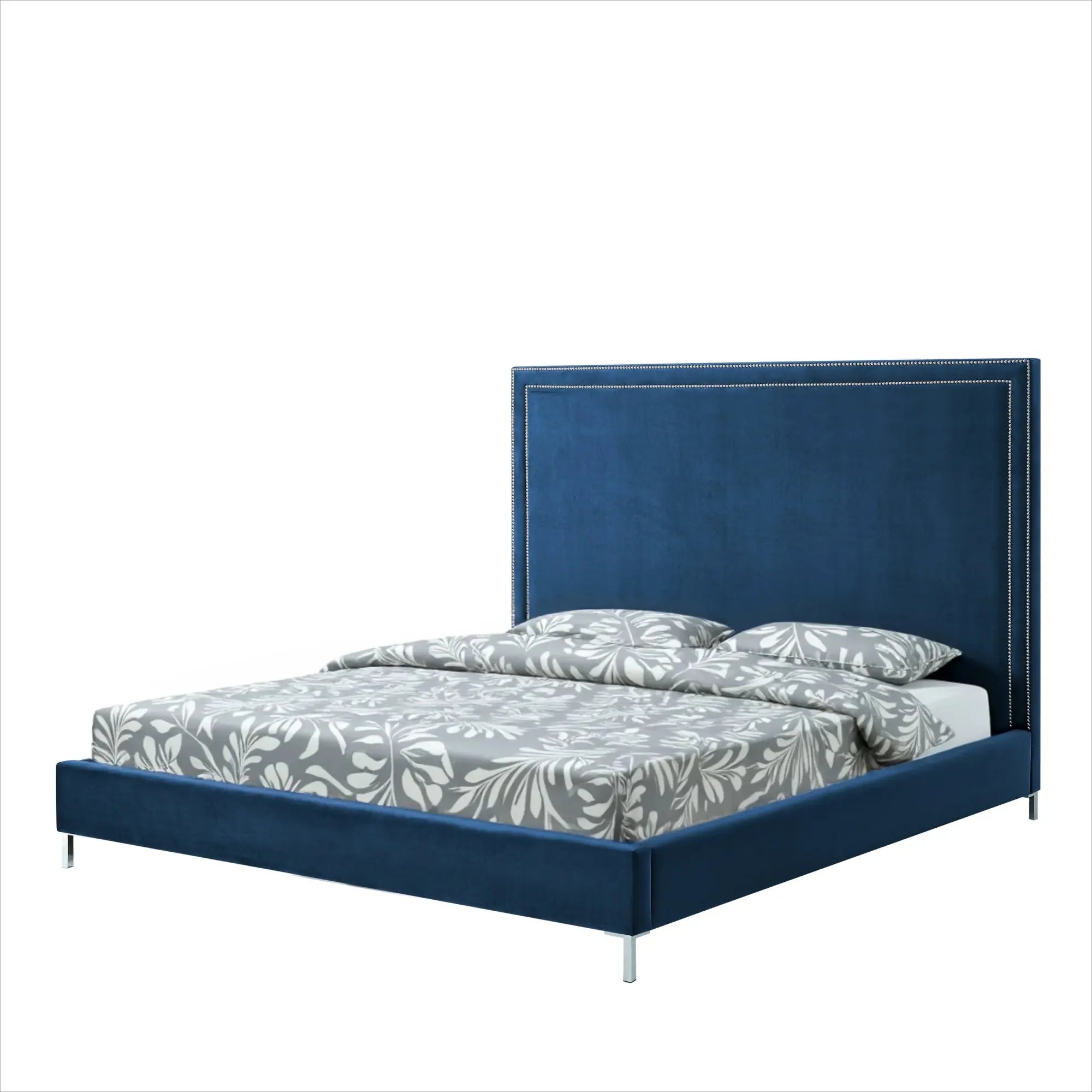 Navy Blue Solid Wood King Upholstered Velvet Bed with Nailhead Trim Homeroots Bed & Bath