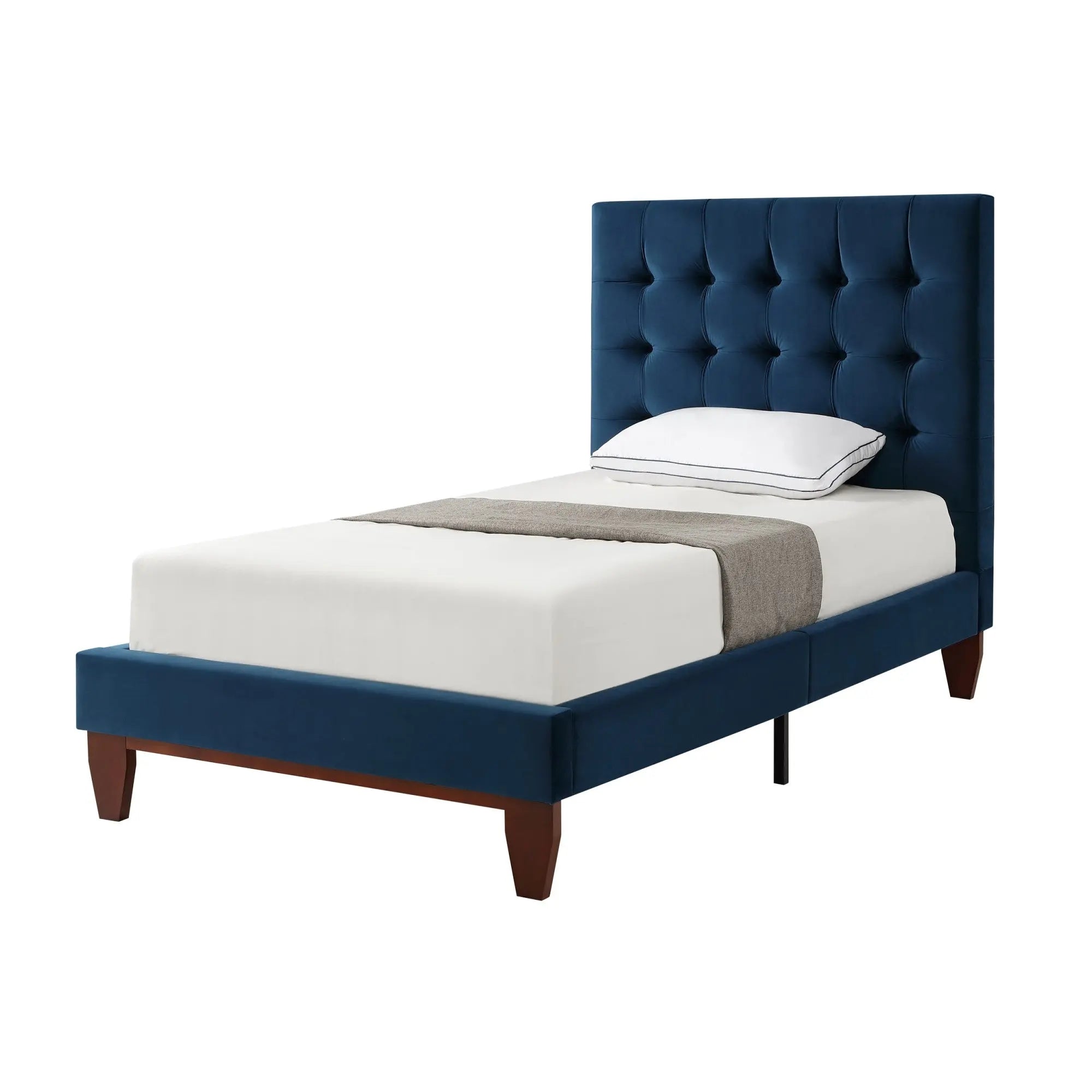 Navy Blue Solid Wood Twin Tufted Upholstered Velvet Bed Homeroots Bed & Bath