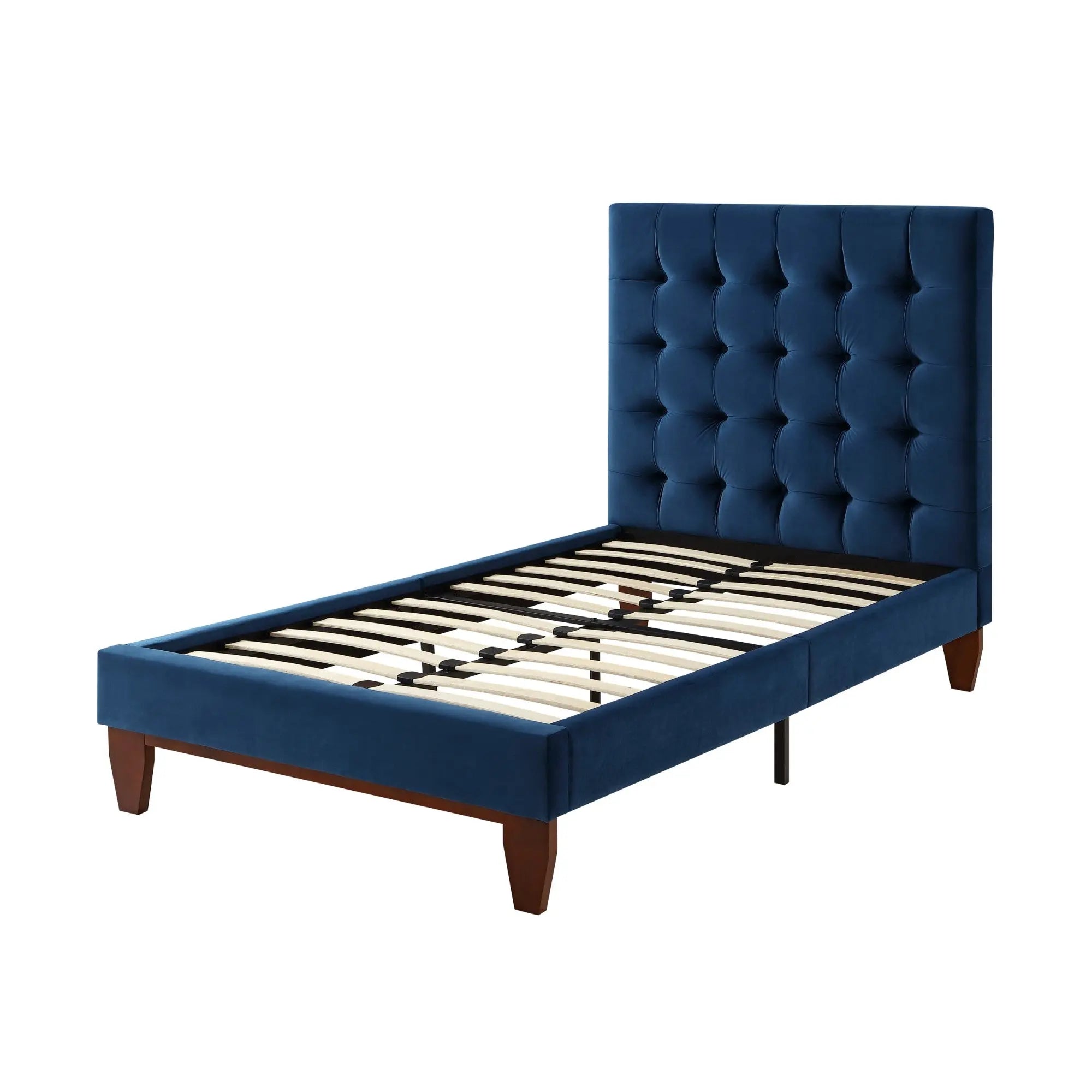 Navy Blue Solid Wood Twin Tufted Upholstered Velvet Bed Homeroots Bed & Bath