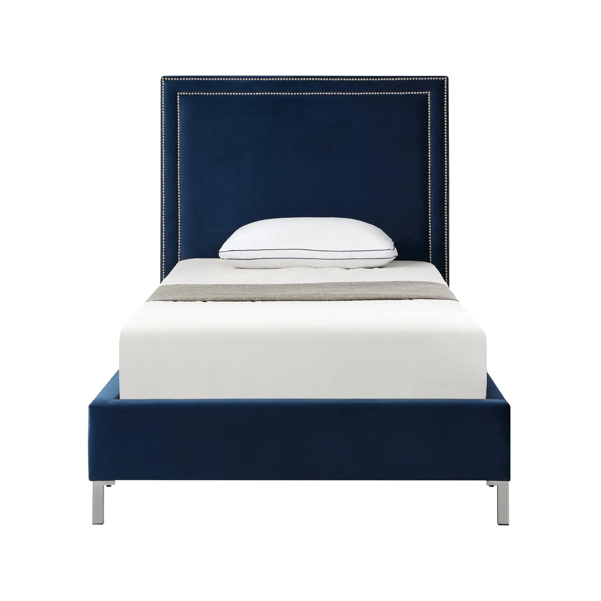 Navy Blue Solid Wood Twin Upholstered Velvet Bed with Nailhead Trim Homeroots Bed & Bath