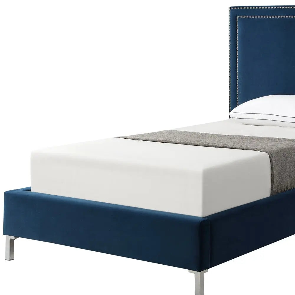 Navy Blue Solid Wood Twin Upholstered Velvet Bed with Nailhead Trim Homeroots Bed & Bath