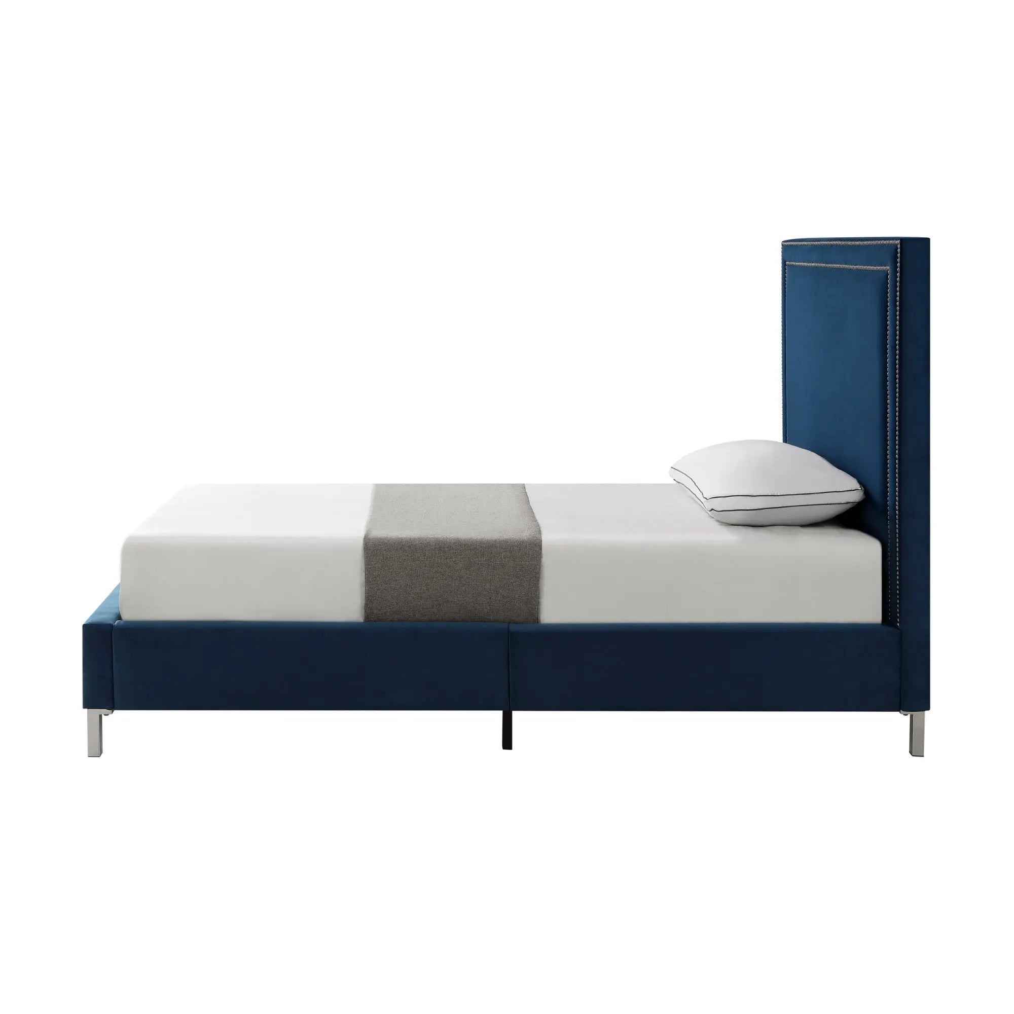 Navy Blue Solid Wood Twin Upholstered Velvet Bed with Nailhead Trim Homeroots Bed & Bath