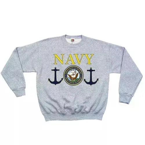 Gray Navy sweatshirt with bold yellow lettering and navy anchors, featuring the U.S. Navy seal design.