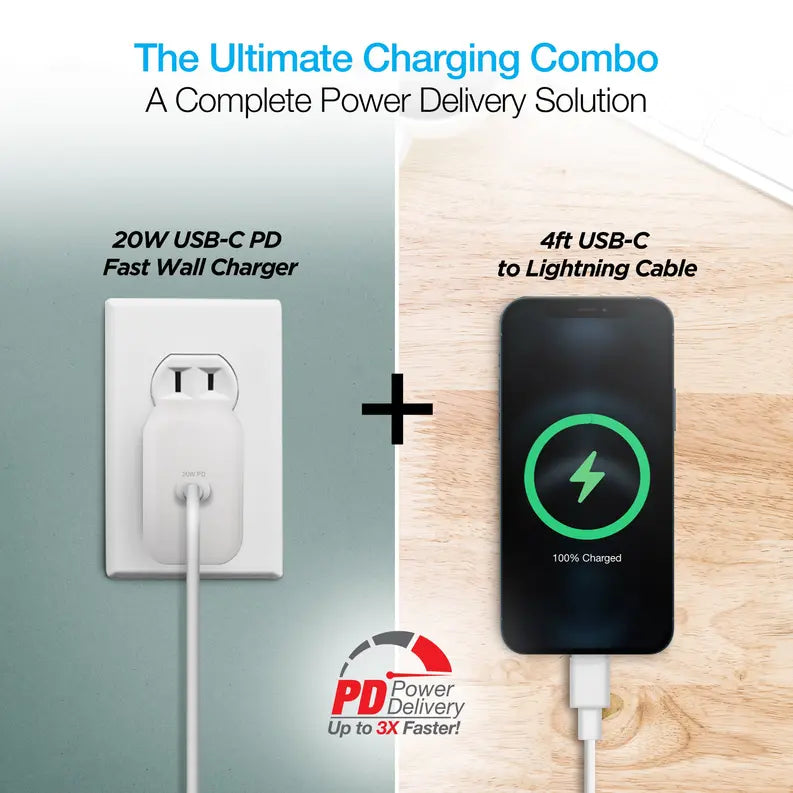 Naztech 20W PD Wall Charger + USB-C to Lightning 4ft Cbl WHT Naztech