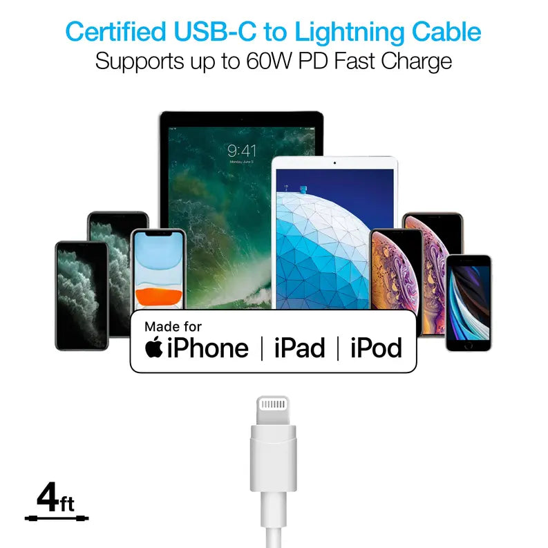 Naztech 20W PD Wall Charger + USB-C to Lightning 4ft Cbl WHT Naztech