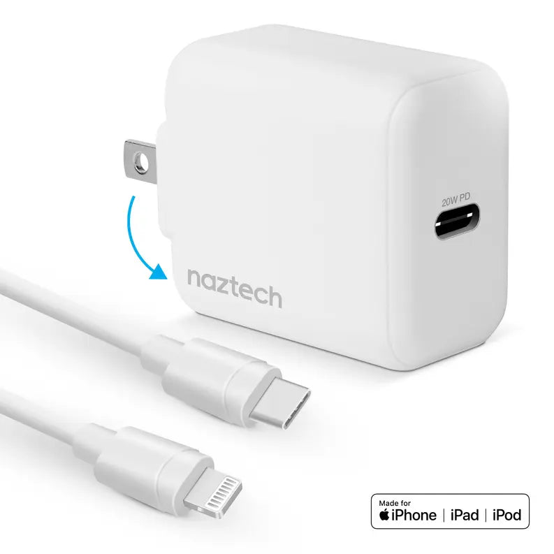 Naztech 20W PD Wall Charger + USB-C to Lightning 4ft Cbl WHT Naztech