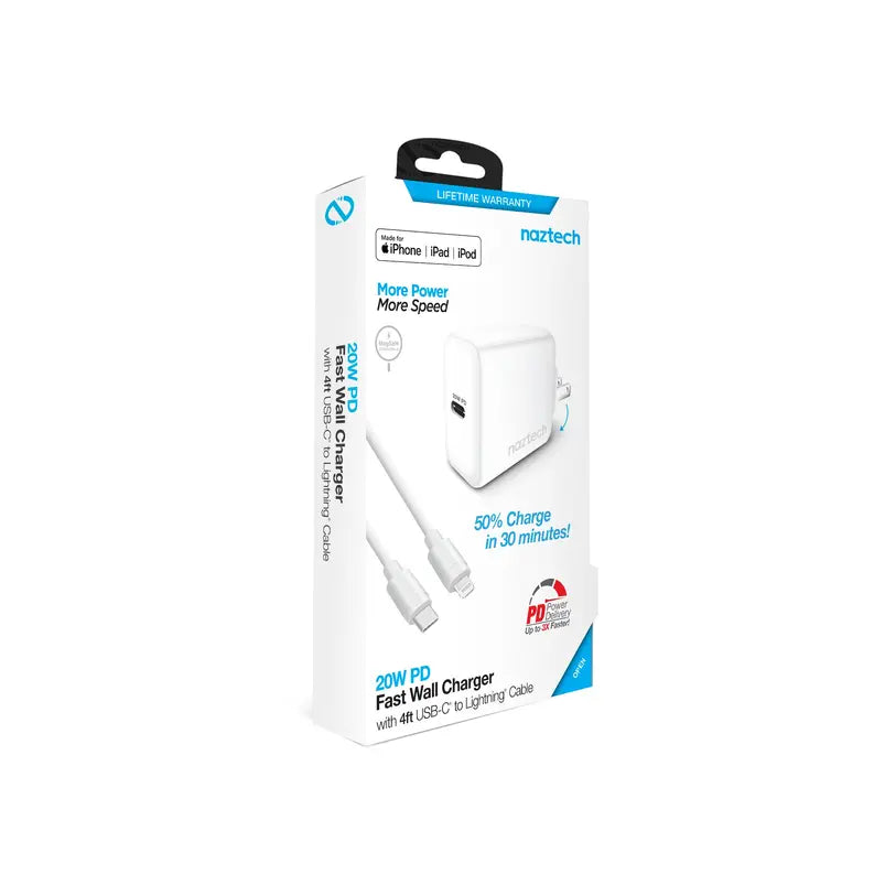 Naztech 20W PD Wall Charger + USB-C to Lightning 4ft Cbl WHT Naztech
