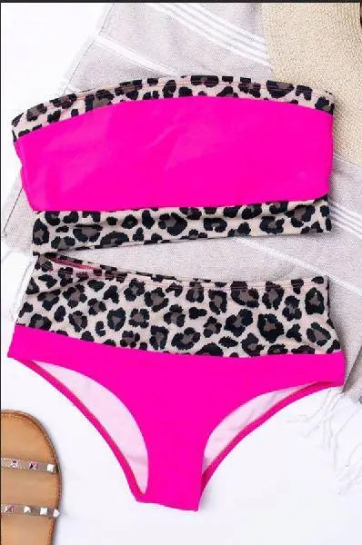 Neon Pink Leopard Print Trim Bandeau Bikini Stay Warm in Style