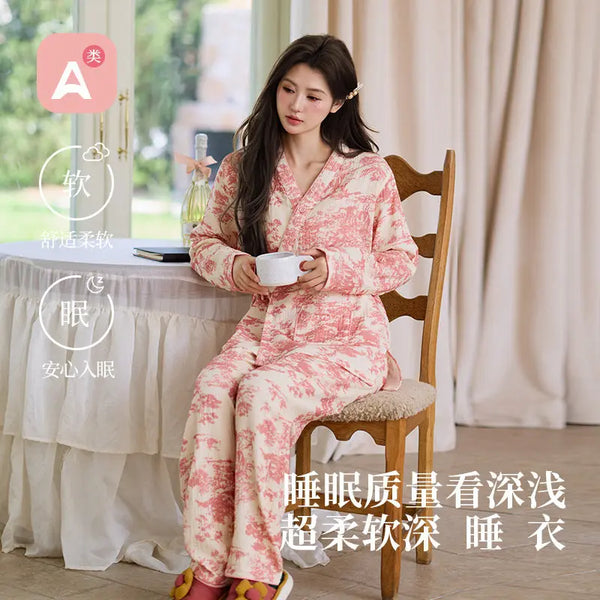 New Chinoiserie Pure Cotton Double-Layer Cotton Gauze Women's Pajamas Spring, Autumn and Summer Thin Long-Sleeved Lace-Up Home Clothes Set GreatEagleInc