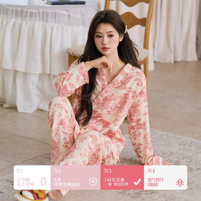 New Chinoiserie Pure Cotton Double-Layer Cotton Gauze Women's Pajamas Spring, Autumn and Summer Thin Long-Sleeved Lace-Up Home Clothes Set GreatEagleInc