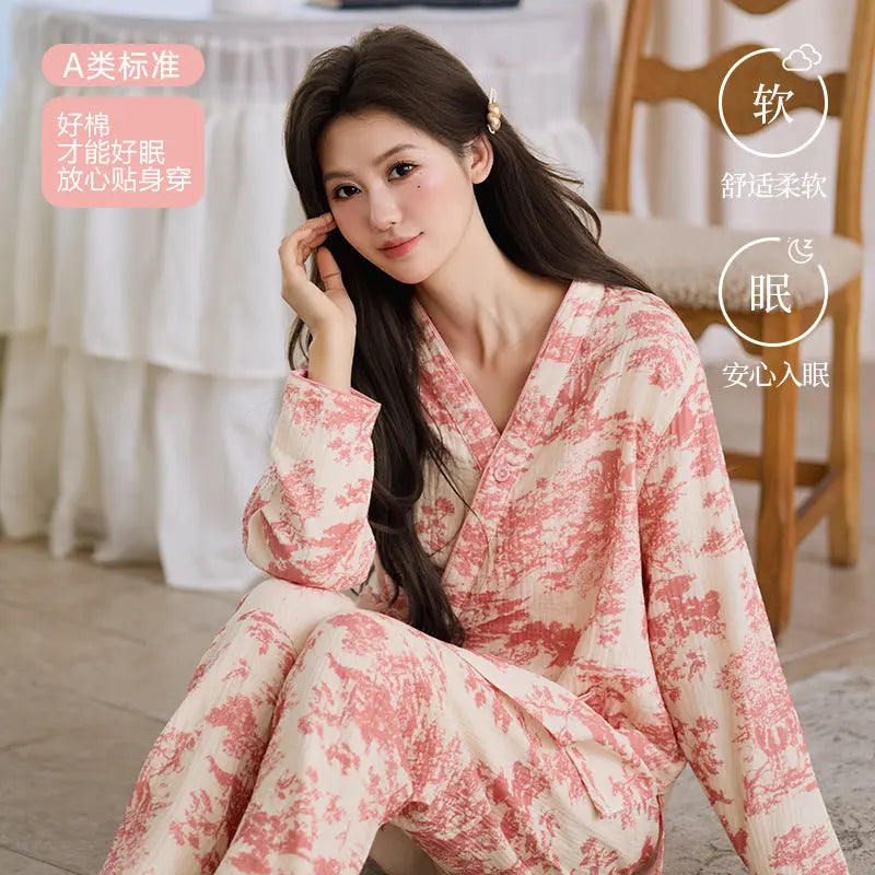 New Chinoiserie Pure Cotton Double-Layer Cotton Gauze Women's Pajamas Spring, Autumn and Summer Thin Long-Sleeved Lace-Up Home Clothes Set GreatEagleInc