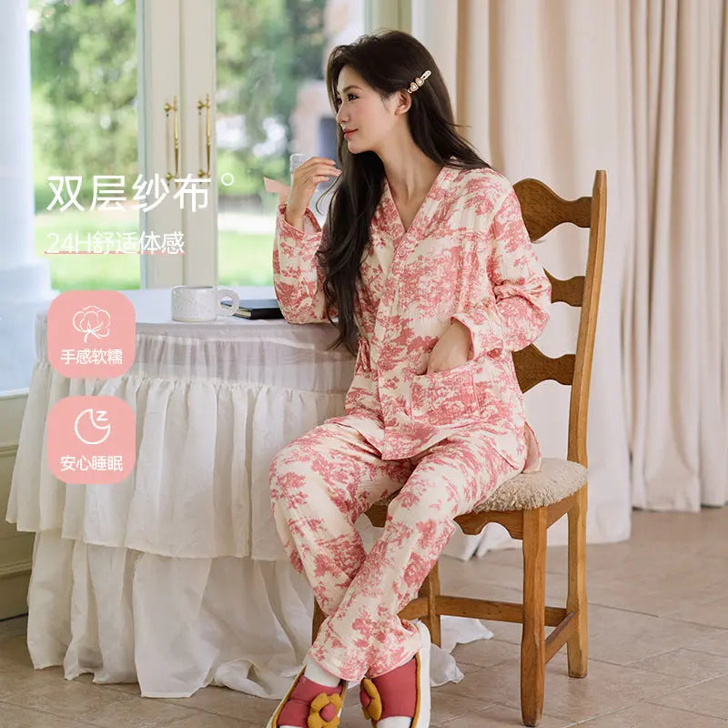 New Chinoiserie Pure Cotton Double-Layer Cotton Gauze Women's Pajamas Spring, Autumn and Summer Thin Long-Sleeved Lace-Up Home Clothes Set GreatEagleInc