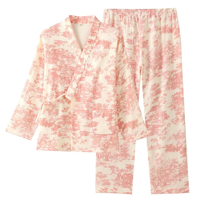 New Chinoiserie Pure Cotton Double-Layer Cotton Gauze Women's Pajamas Spring, Autumn and Summer Thin Long-Sleeved Lace-Up Home Clothes Set GreatEagleInc