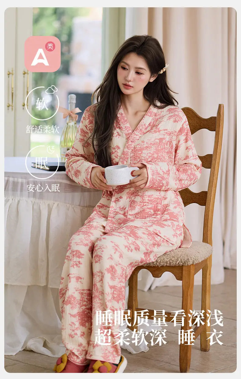 New Chinoiserie Pure Cotton Double-Layer Cotton Gauze Women's Pajamas Spring, Autumn and Summer Thin Long-Sleeved Lace-Up Home Clothes Set GreatEagleInc