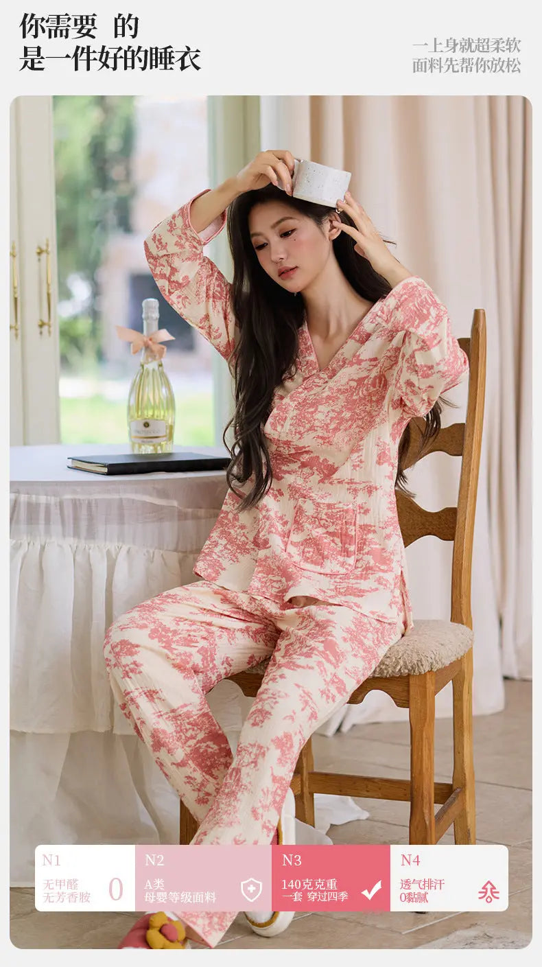 New Chinoiserie Pure Cotton Double-Layer Cotton Gauze Women's Pajamas Spring, Autumn and Summer Thin Long-Sleeved Lace-Up Home Clothes Set GreatEagleInc