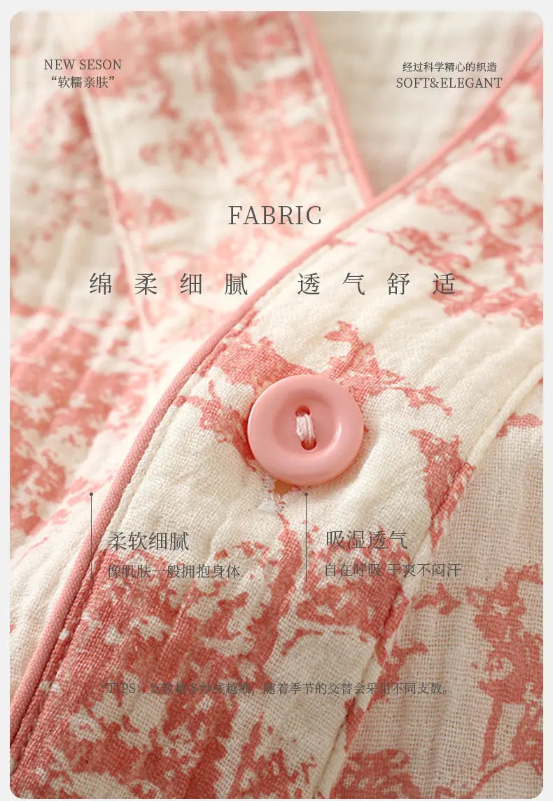 New Chinoiserie Pure Cotton Double-Layer Cotton Gauze Women's Pajamas Spring, Autumn and Summer Thin Long-Sleeved Lace-Up Home Clothes Set GreatEagleInc