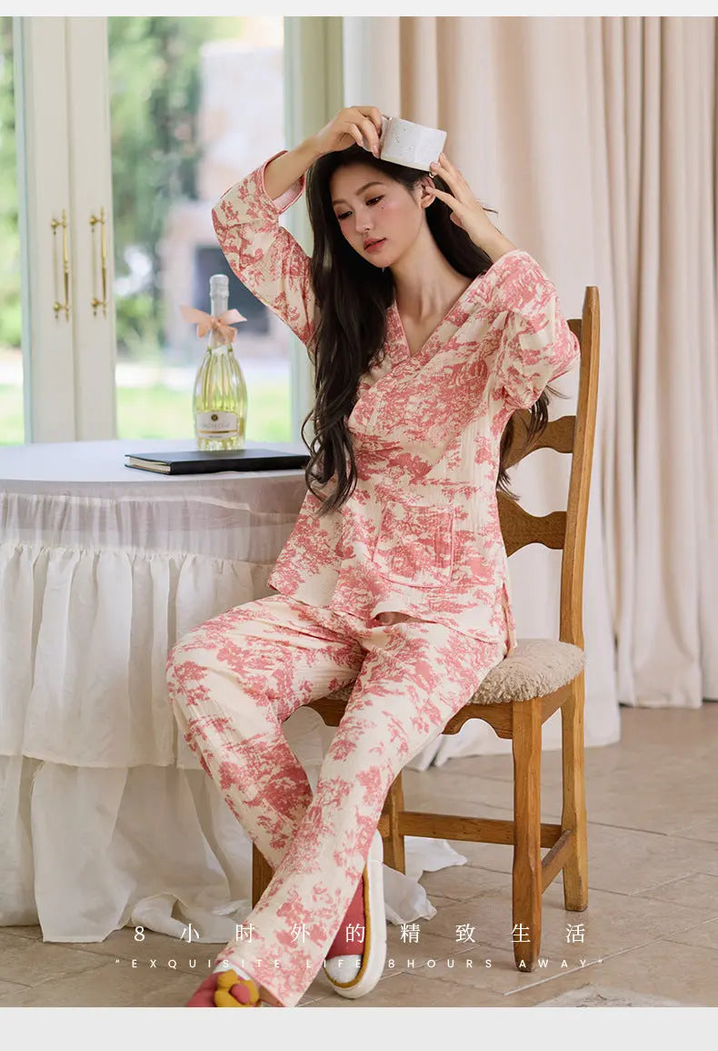 New Chinoiserie Pure Cotton Double-Layer Cotton Gauze Women's Pajamas Spring, Autumn and Summer Thin Long-Sleeved Lace-Up Home Clothes Set GreatEagleInc