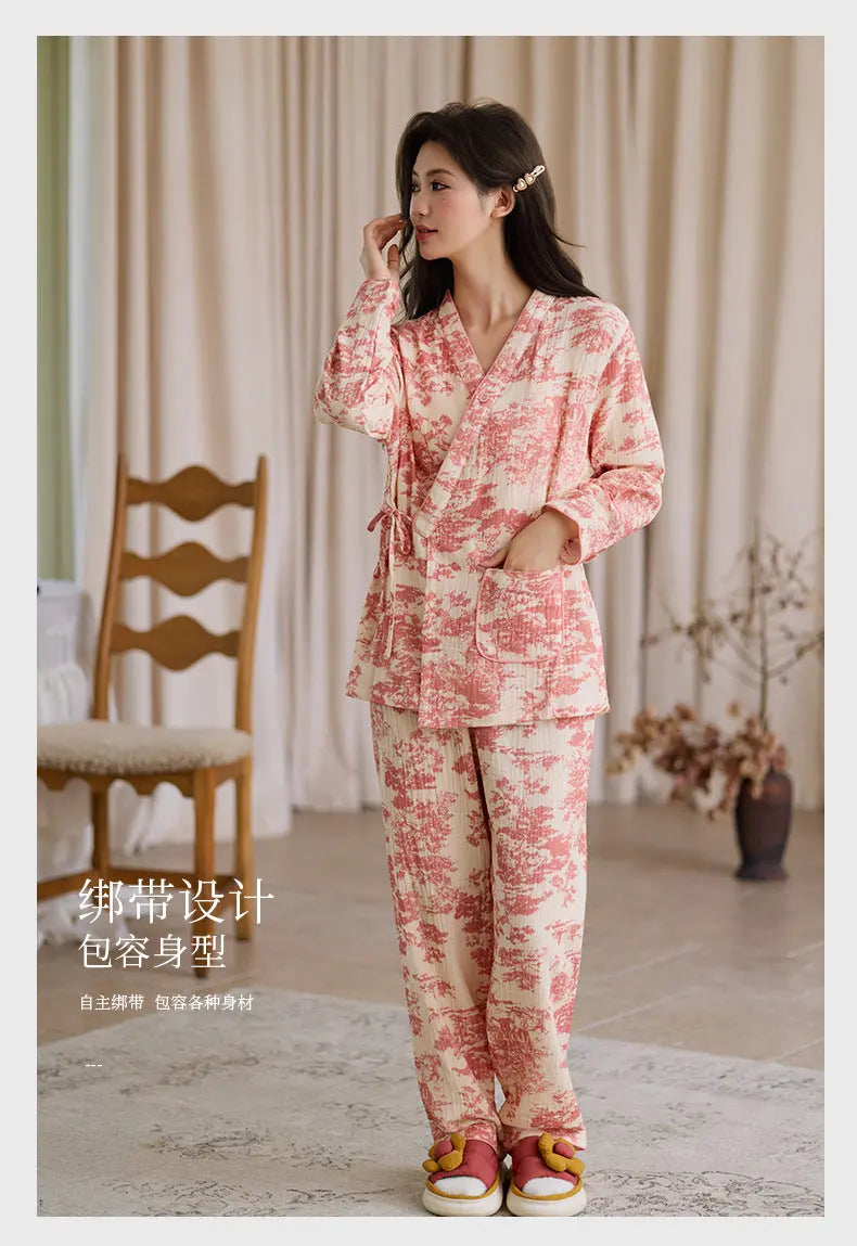 New Chinoiserie Pure Cotton Double-Layer Cotton Gauze Women's Pajamas Spring, Autumn and Summer Thin Long-Sleeved Lace-Up Home Clothes Set GreatEagleInc