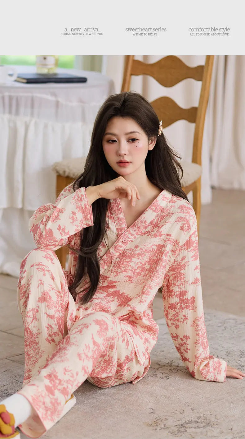New Chinoiserie Pure Cotton Double-Layer Cotton Gauze Women's Pajamas Spring, Autumn and Summer Thin Long-Sleeved Lace-Up Home Clothes Set GreatEagleInc