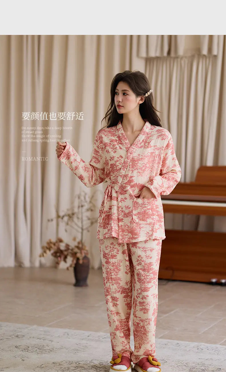 New Chinoiserie Pure Cotton Double-Layer Cotton Gauze Women's Pajamas Spring, Autumn and Summer Thin Long-Sleeved Lace-Up Home Clothes Set GreatEagleInc