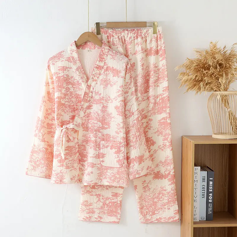 New Chinoiserie Pure Cotton Double-Layer Cotton Gauze Women's Pajamas Spring, Autumn and Summer Thin Long-Sleeved Lace-Up Home Clothes Set GreatEagleInc