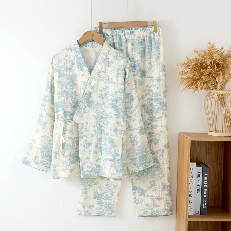 New Chinoiserie Pure Cotton Double-Layer Cotton Gauze Women's Pajamas Spring, Autumn and Summer Thin Long-Sleeved Lace-Up Home Clothes Set GreatEagleInc