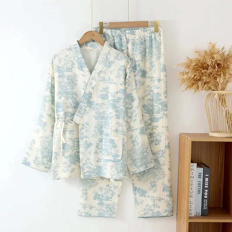 New Chinoiserie Pure Cotton Double-Layer Cotton Gauze Women's Pajamas Spring, Autumn and Summer Thin Long-Sleeved Lace-Up Home Clothes Set GreatEagleInc