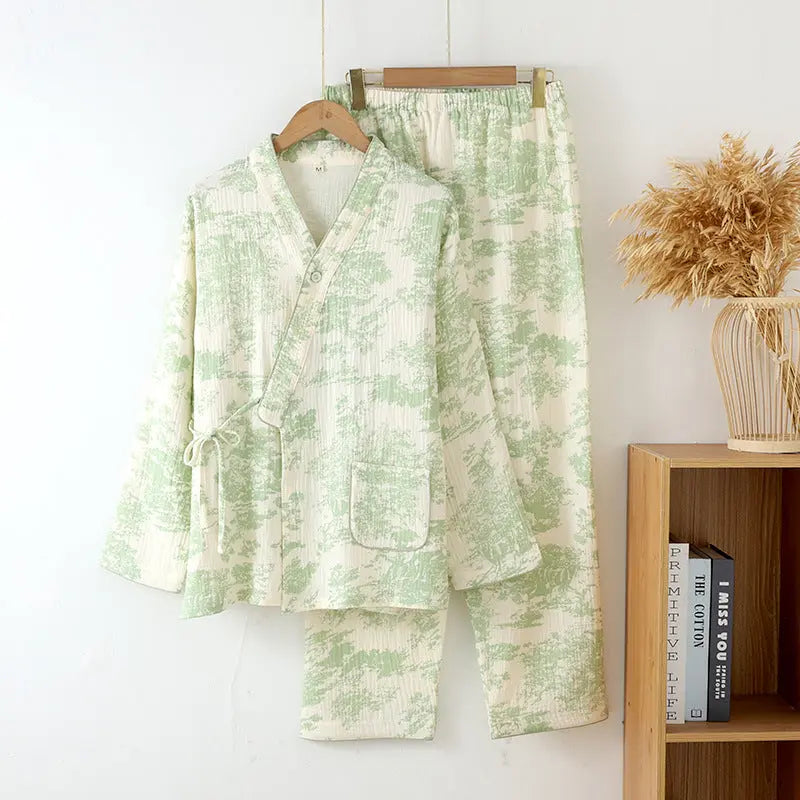 New Chinoiserie Pure Cotton Double-Layer Cotton Gauze Women's Pajamas Spring, Autumn and Summer Thin Long-Sleeved Lace-Up Home Clothes Set GreatEagleInc