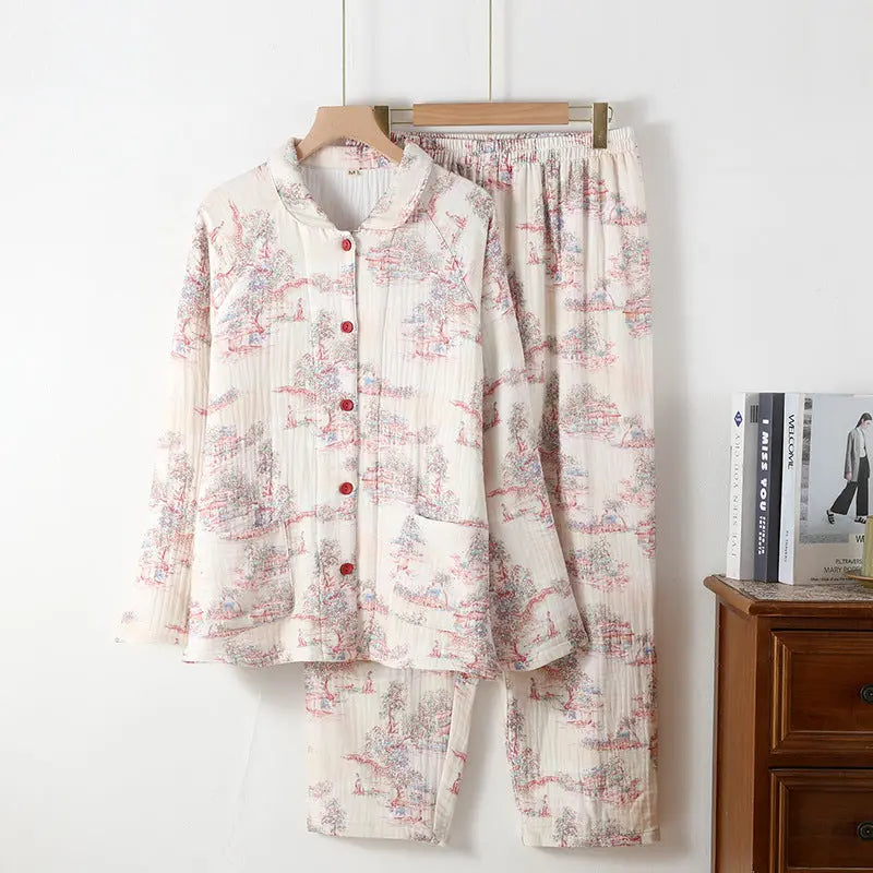New Cotton Thickened Edge Four-Layer Gauze Women's Pajamas Cotton Warm Long-Sleeved Home Clothes for Autumn and Winter suit GreatEagleInc