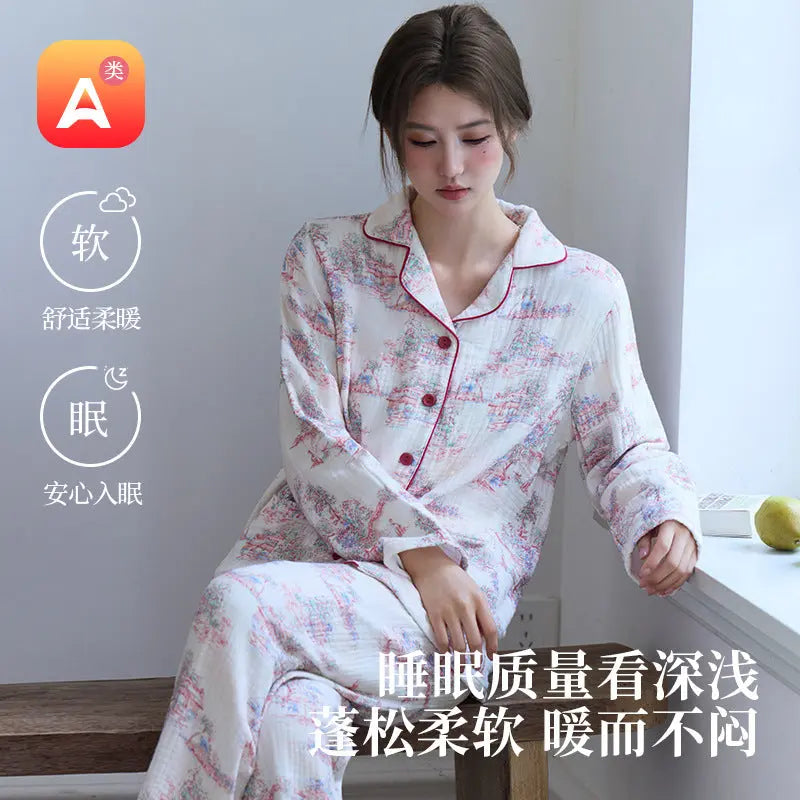 New Cotton Thickened Edge Four-Layer Gauze Women's Pajamas Cotton Warm Long-Sleeved Home Clothes for Autumn and Winter suit GreatEagleInc