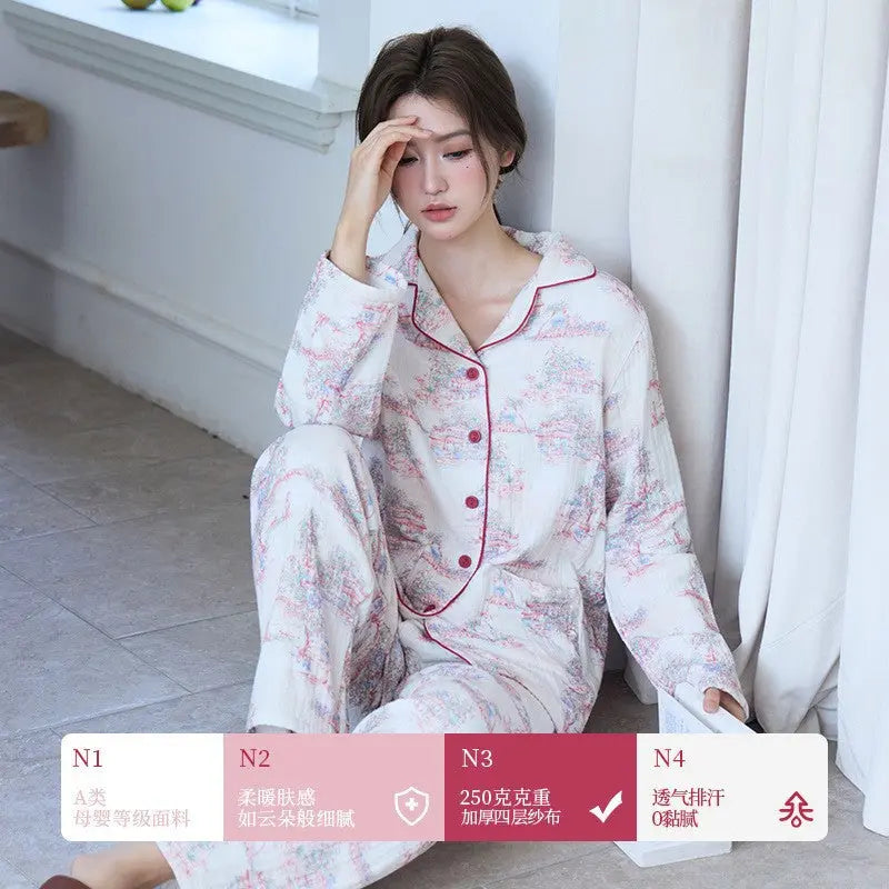 New Cotton Thickened Edge Four-Layer Gauze Women's Pajamas Cotton Warm Long-Sleeved Home Clothes for Autumn and Winter suit GreatEagleInc