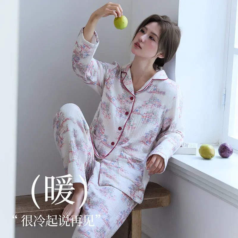 New Cotton Thickened Edge Four-Layer Gauze Women's Pajamas Cotton Warm Long-Sleeved Home Clothes for Autumn and Winter suit GreatEagleInc