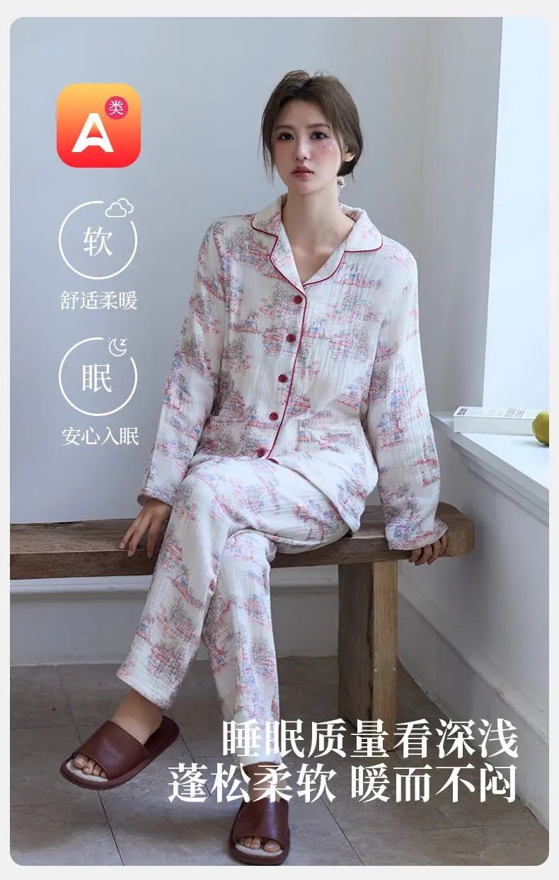 New Cotton Thickened Edge Four-Layer Gauze Women's Pajamas Cotton Warm Long-Sleeved Home Clothes for Autumn and Winter suit GreatEagleInc