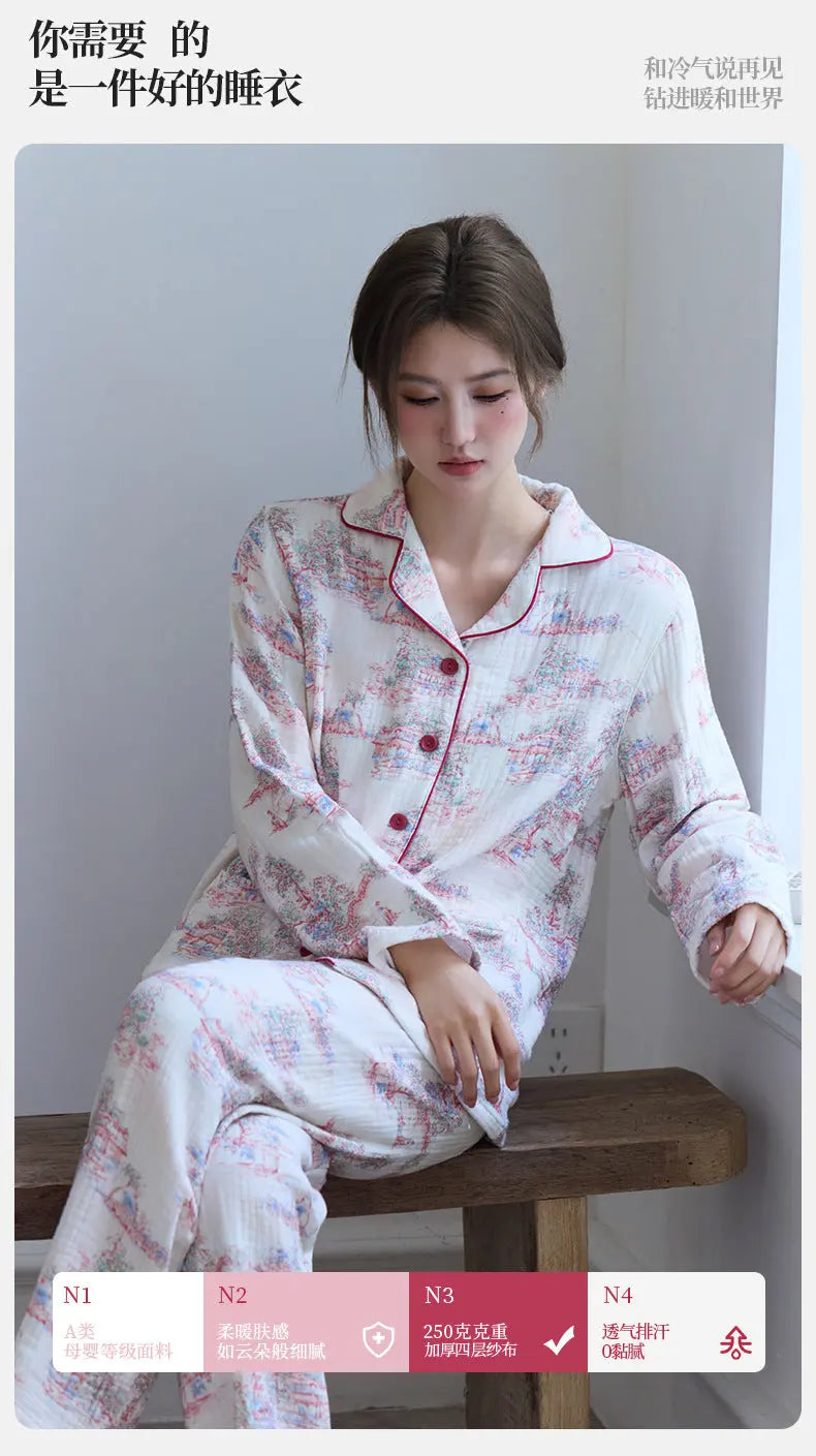 New Cotton Thickened Edge Four-Layer Gauze Women's Pajamas Cotton Warm Long-Sleeved Home Clothes for Autumn and Winter suit GreatEagleInc