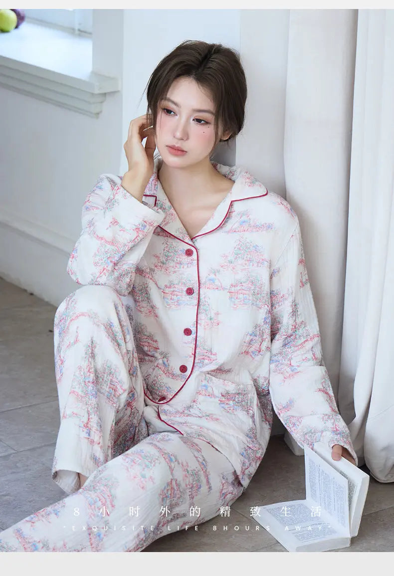 New Cotton Thickened Edge Four-Layer Gauze Women's Pajamas Cotton Warm Long-Sleeved Home Clothes for Autumn and Winter suit GreatEagleInc