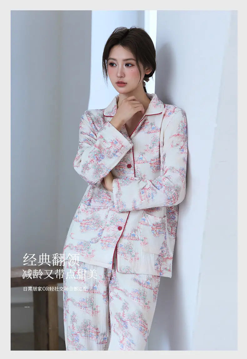 New Cotton Thickened Edge Four-Layer Gauze Women's Pajamas Cotton Warm Long-Sleeved Home Clothes for Autumn and Winter suit GreatEagleInc