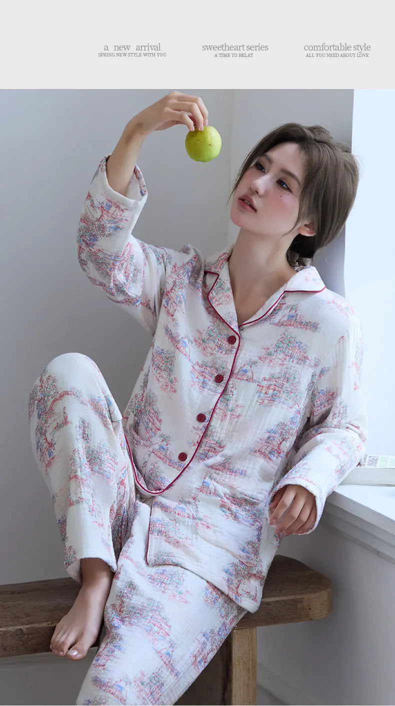 New Cotton Thickened Edge Four-Layer Gauze Women's Pajamas Cotton Warm Long-Sleeved Home Clothes for Autumn and Winter suit GreatEagleInc