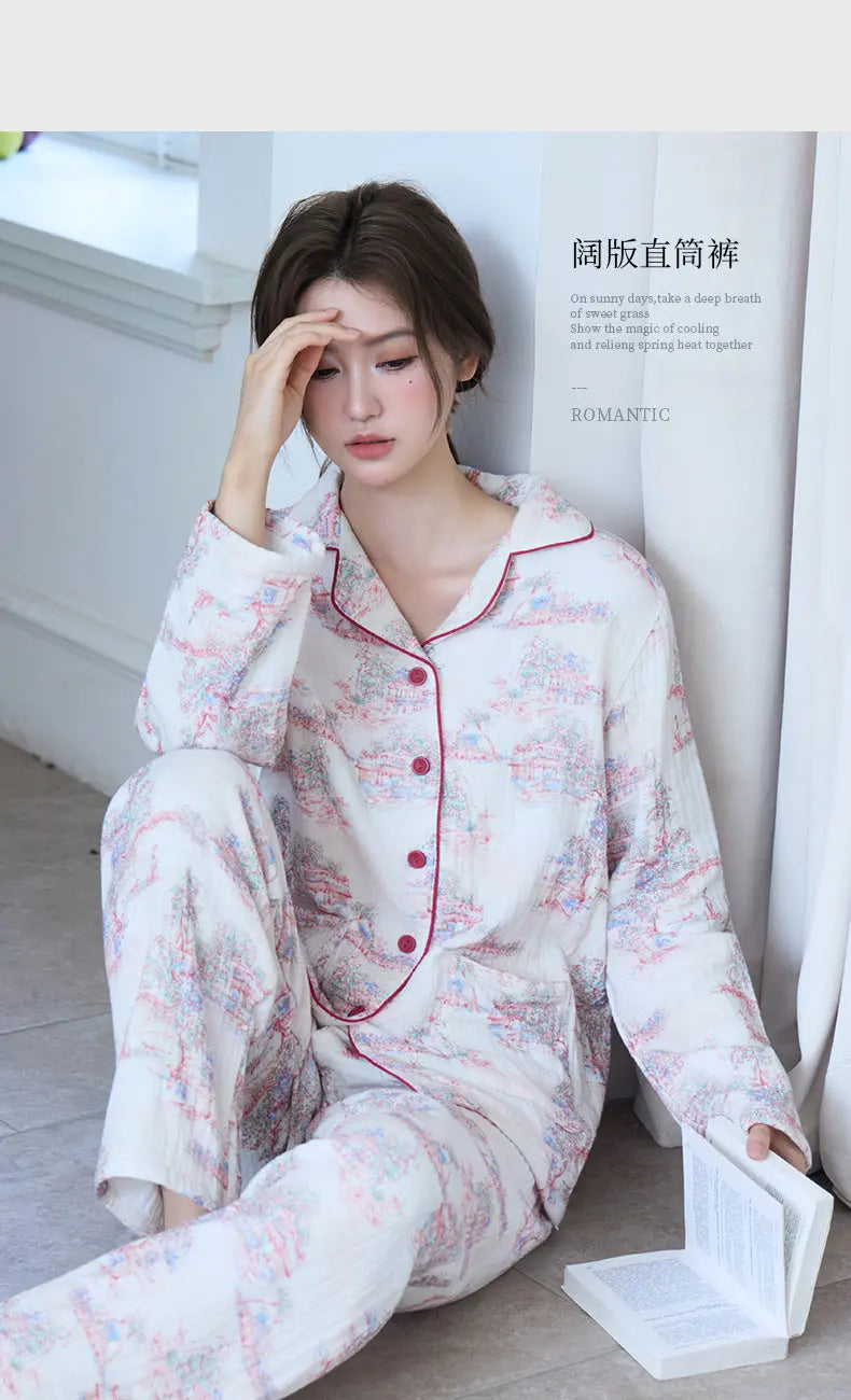 New Cotton Thickened Edge Four-Layer Gauze Women's Pajamas Cotton Warm Long-Sleeved Home Clothes for Autumn and Winter suit GreatEagleInc