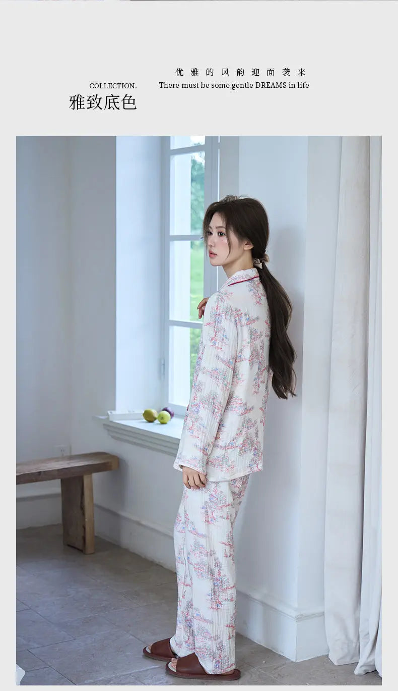 New Cotton Thickened Edge Four-Layer Gauze Women's Pajamas Cotton Warm Long-Sleeved Home Clothes for Autumn and Winter suit GreatEagleInc