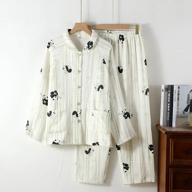 New Cotton Thickened Edge Four-Layer Gauze Women's Pajamas Cotton Warm Long-Sleeved Home Clothes for Autumn and Winter suit GreatEagleInc
