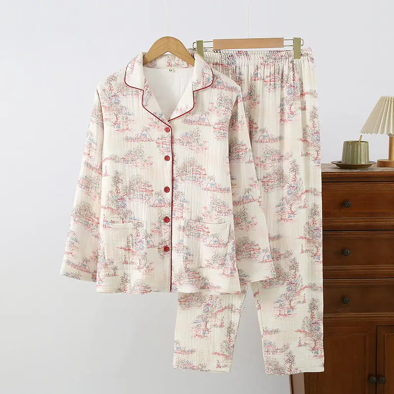 New Cotton Thickened Edge Four-Layer Gauze Women's Pajamas Cotton Warm Long-Sleeved Home Clothes for Autumn and Winter suit GreatEagleInc