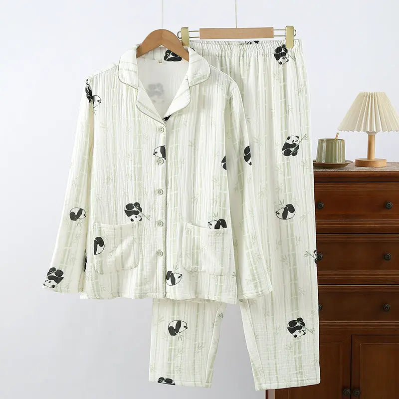 New Cotton Thickened Edge Four-Layer Gauze Women's Pajamas Cotton Warm Long-Sleeved Home Clothes for Autumn and Winter suit GreatEagleInc