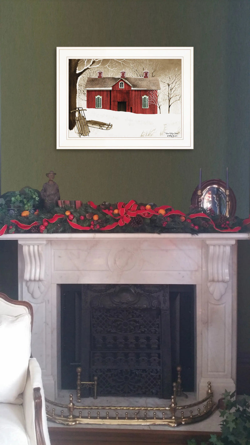 New Fallen Snow with Sleds and Red Barn White Framed Print Wall Art - GreatEagleInc