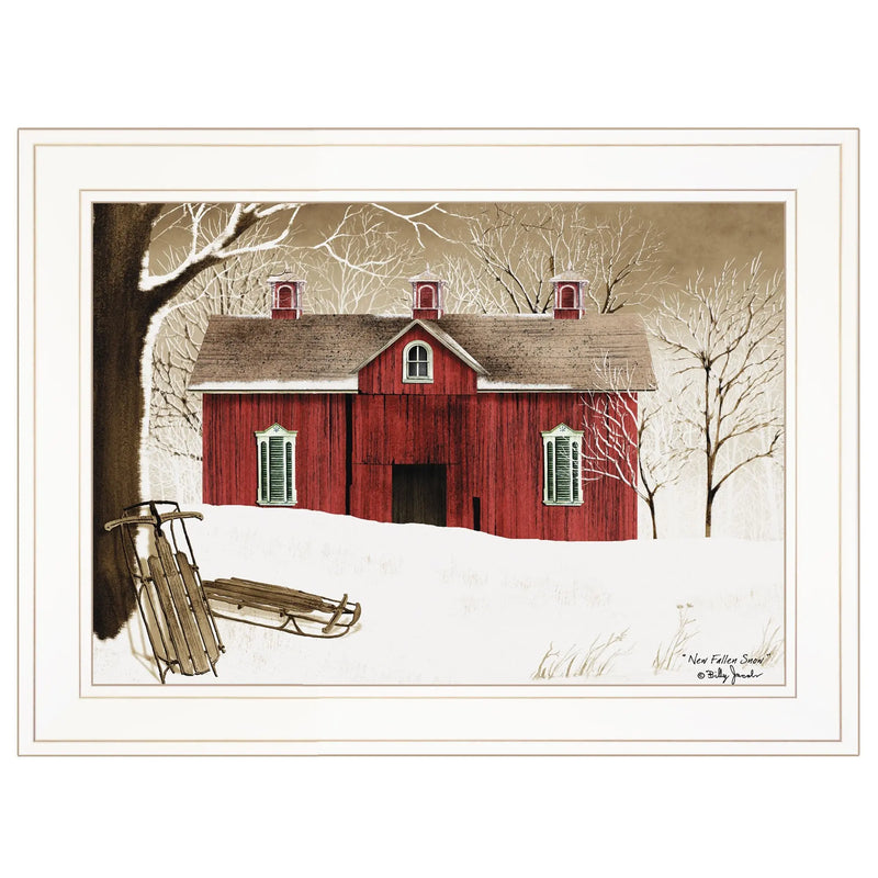 New Fallen Snow with Sleds and Red Barn White Framed Print Wall Art - GreatEagleInc