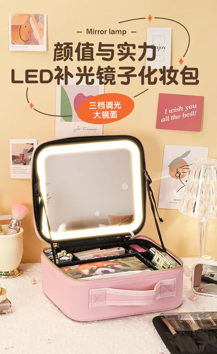 New Style Cosmetic Bag with Light and Mirror Led Light Rechargeable Portable Travel Makeup Cosmetics Cosmetics Bag Ins Style GreatEagleInc