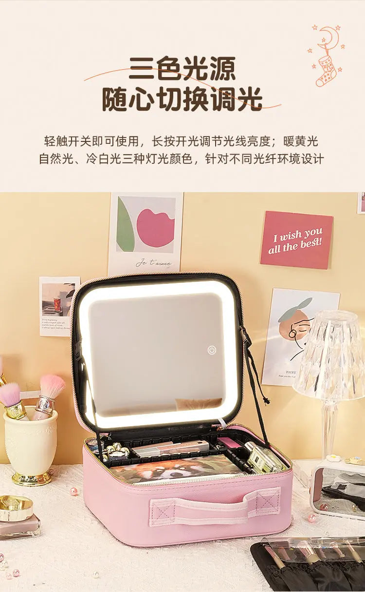 New Style Cosmetic Bag with Light and Mirror Led Light Rechargeable Portable Travel Makeup Cosmetics Cosmetics Bag Ins Style GreatEagleInc