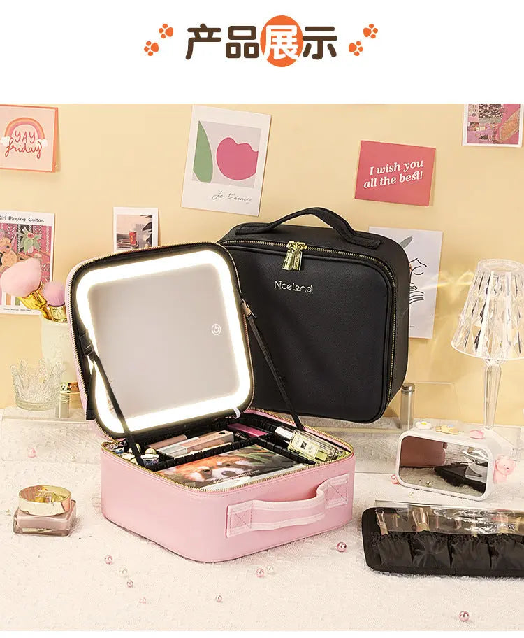 New Style Cosmetic Bag with Light and Mirror Led Light Rechargeable Portable Travel Makeup Cosmetics Cosmetics Bag Ins Style GreatEagleInc