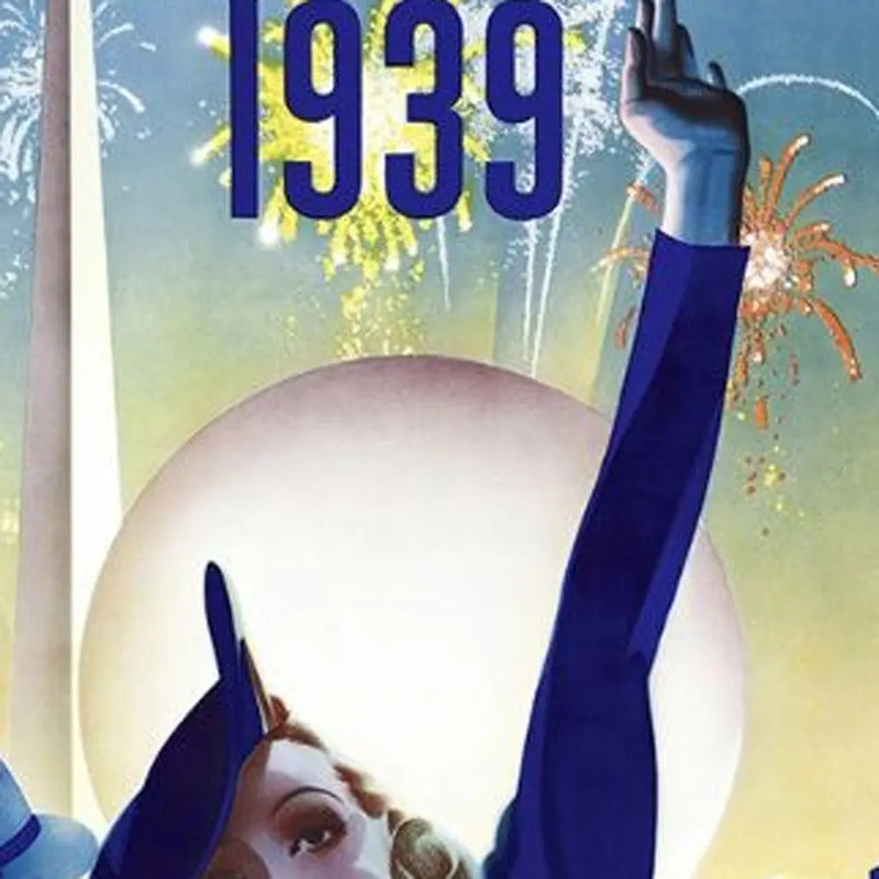 Vintage 1939 poster, bold colors showcasing a woman in blue attire with fireworks backdrop, retro art style.