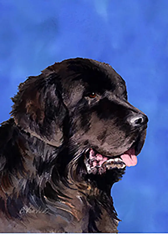 Black Newfoundland dog portrait on blue background, vibrant watercolor style. Perfect for dog lovers' home decor.