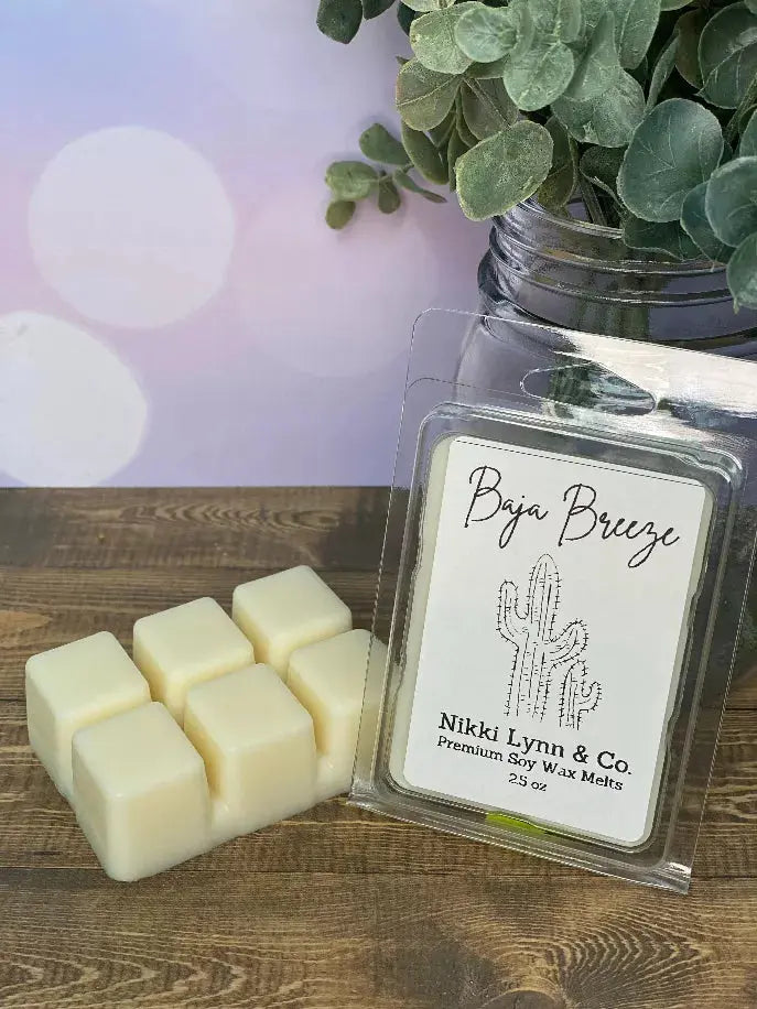 Baja Breeze soy wax melts in cream color, packaged in a clear clamshell with a cactus design, perfect for candle lovers.